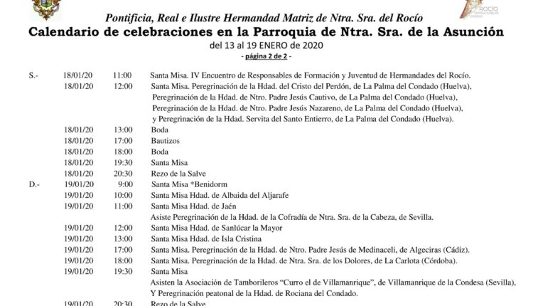 Calendario de Celebraciones en la Parroquia de la Asunción del 13 al 19 de enero de 2020