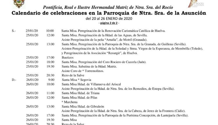 Calendario de Celebraciones en la Parroquia de la Asunción del 20 al 26 de enero de 2020