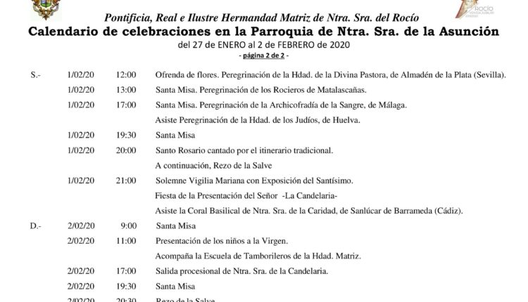 Calendario de Celebraciones en la Parroquia de la Asunción del 27 enero al 2 de febrero 2020