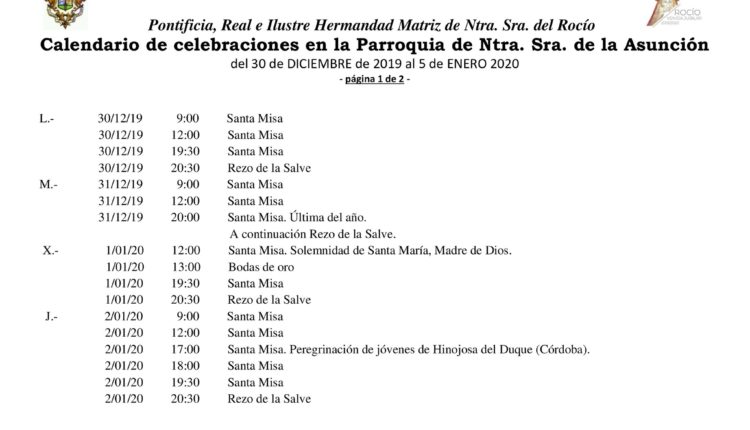 Calendario de Celebraciones en la parroquia de la Asunción del 30 al 5 de enero de 2020-3