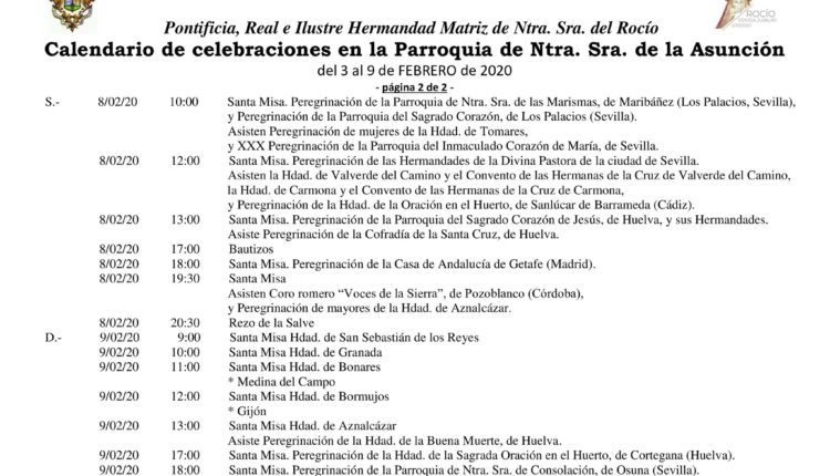 Calendario de Celebraciones en la Parroquia de la Asunción del 3 al 9 de febrero de 2020
