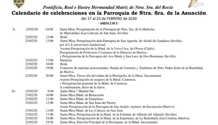 Calendario de Celebraciones en la Parroquia de la Asunción del 17 al 23 de febrero de 2020