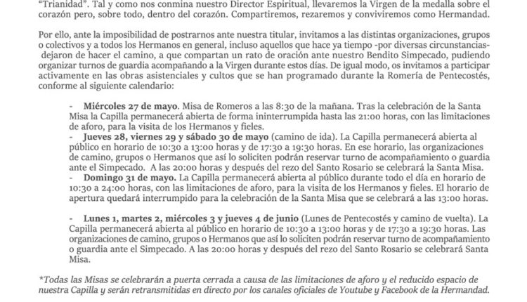 Hermandad de Triana – Comunicado Oficial Romería Pentecostés 2020