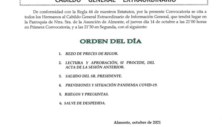 Hermandad Matriz – Cabildo Extraordinario para debatir sobre el Traslado y la Romería 2022