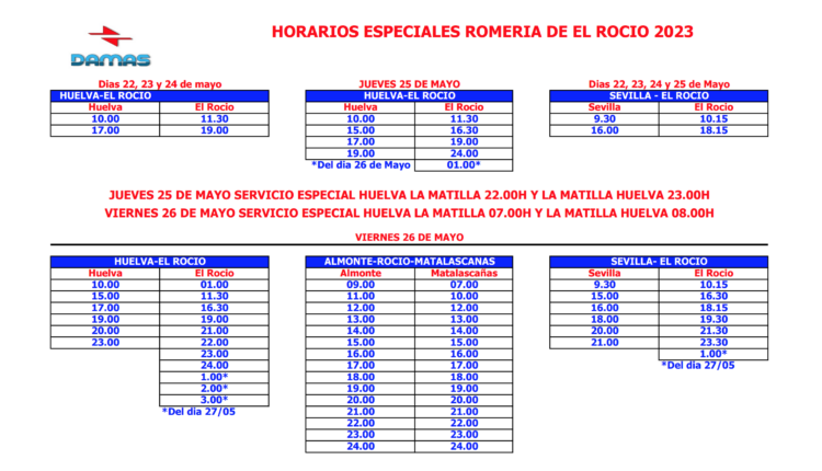 Horarios Damas al Rocío Romería 2023