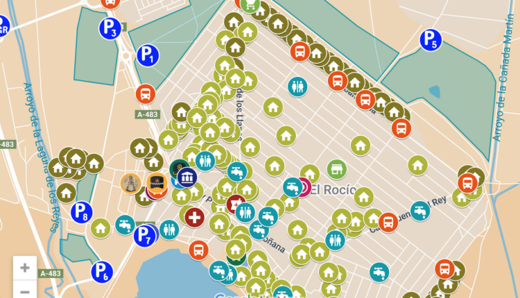 Mapa de la Aldea del Rocío – Casas Hdad., Fuentes, aparcamientos, Bus, Lanzadera, Taxis, …